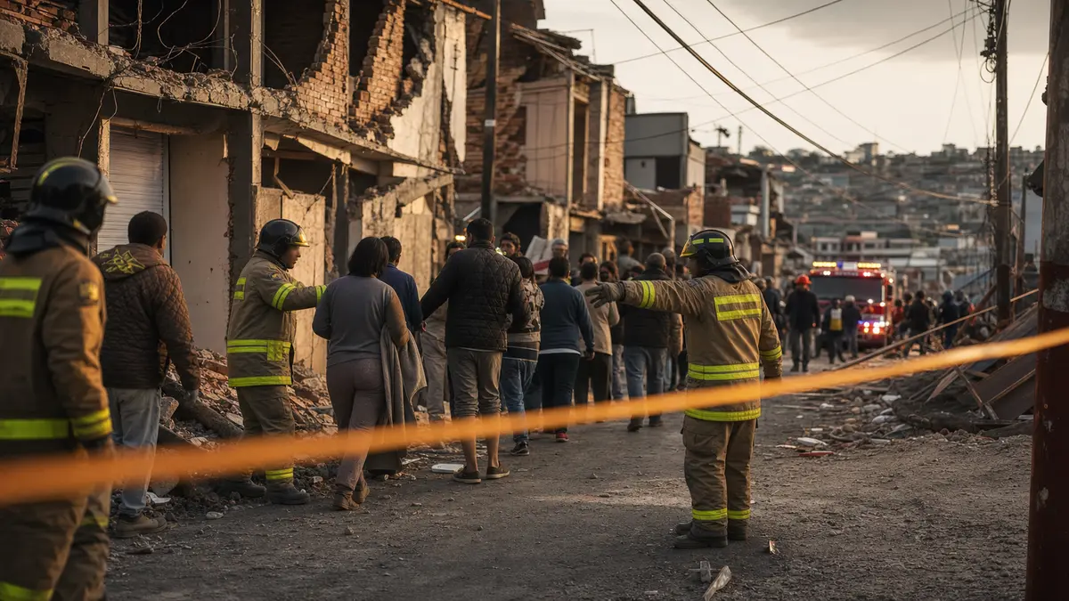 Firefighters guiding residents through an earthquake damaged street after a major quake
