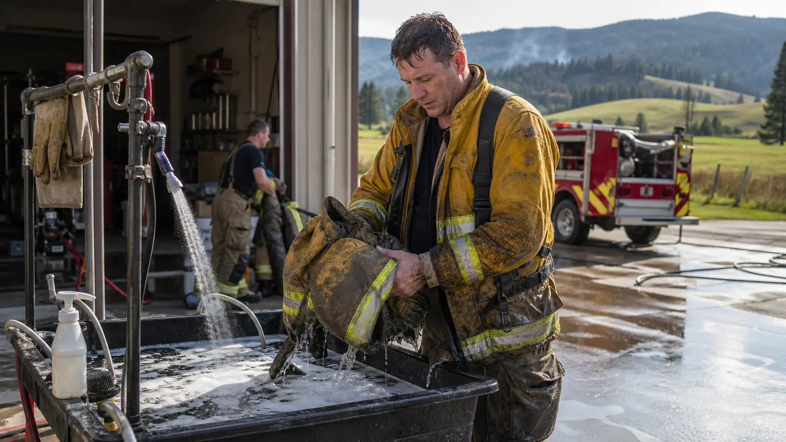 Volunteer firefighter in turnout gear at a decontamination station outside a fire station, removing contaminated gear after a structure fire response, soap and water wash setup visible, rural fire department setting