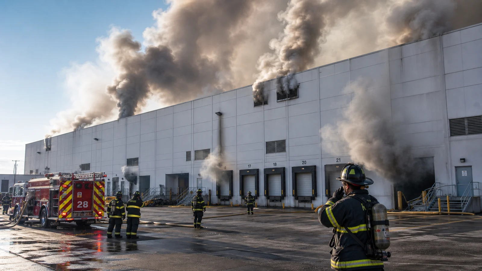 Photorealistic photo of a large industrial warehouse exterior with heavy smoke showing from multiple roof hatches and loading dock areas &mdash; the first-arriving engine company performing size-up in the foreground, incident commander on the radio requesting additional resources, the massive scale of the commercial structure evident with the fire apparatus looking small in comparison, realistic documentary fire service photography style, daytime scene with dramatic smoke columns