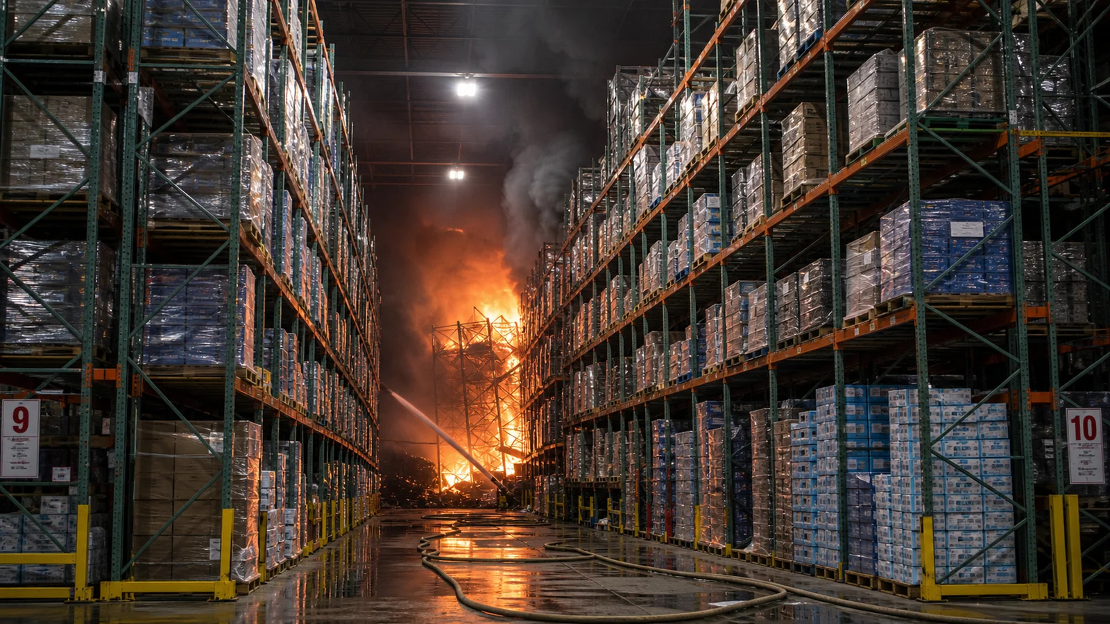 Photorealistic photo of the interior of a large warehouse with high-rack storage systems &mdash; multiple rows of metal shelving 25 feet tall holding palletized products, the far end of the building showing fire and smoke from a rack storage fire, the immense scale of the storage hazard evident with the rack systems creating canyon-like corridors, realistic editorial fire safety photography demonstrating the collapse hazard of rack storage in warehouse fires