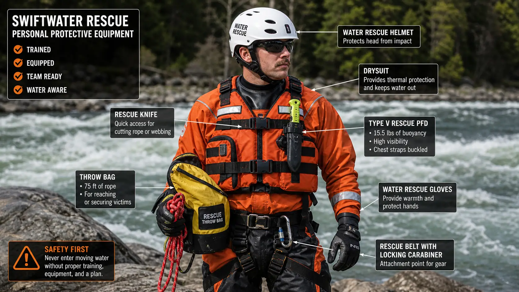 Firefighter in full swiftwater PPE including Type V rescue PFD, helmet, drysuit, throw bag and tether ready at river bank