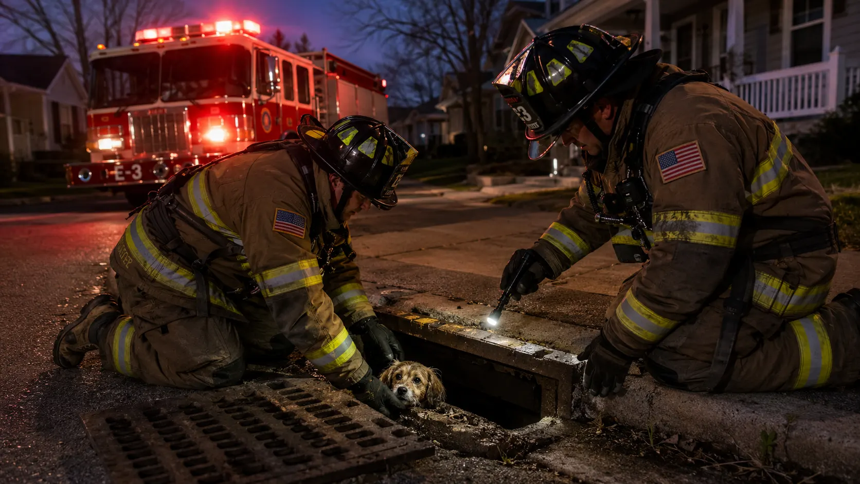 Two firefighters in full turnout gear kneeling beside an open storm drain grate on a suburban street, one reaching down with a gloved hand while the other holds a flashlight, a small dog visible peeking out from the drain opening below street level, a fire engine parked with lights on in the background at dusk &mdash; illustrating a fire department animal rescue call involving a pet stuck in a storm drain