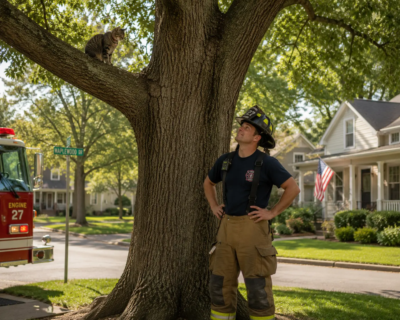 A firefighter standing at the base of a large oak tree looking up with hands on hips in a good-natured, slightly amused way, a cat visible sitting comfortably on a low branch just out of easy reach, a residential street in soft afternoon light, a lighthearted everyday tone rather than dramatic &mdash; illustrating the popular but largely outdated image of fire departments responding to cat-in-a-tree calls