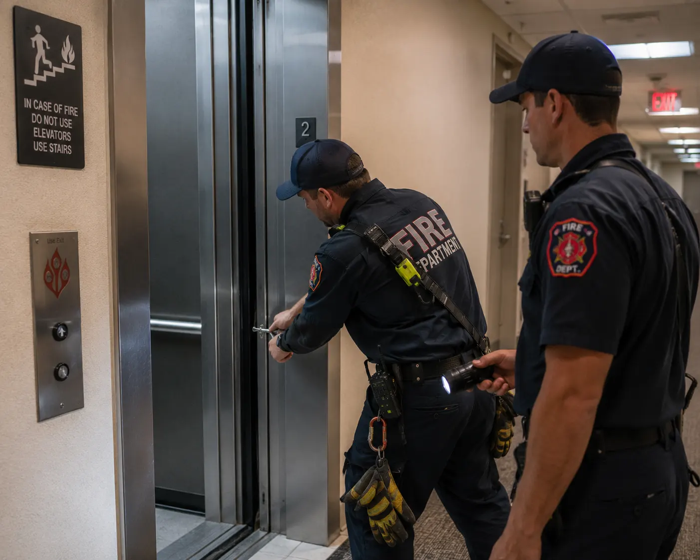 A firefighter in duty uniform using a specialized key to manually open the outer doors of a stalled elevator in an office building hallway, another crew member standing by with a flashlight, fluorescent hallway lighting, a stopped elevator car visible slightly misaligned with the floor level &mdash; illustrating a fire department elevator entrapment rescue call
