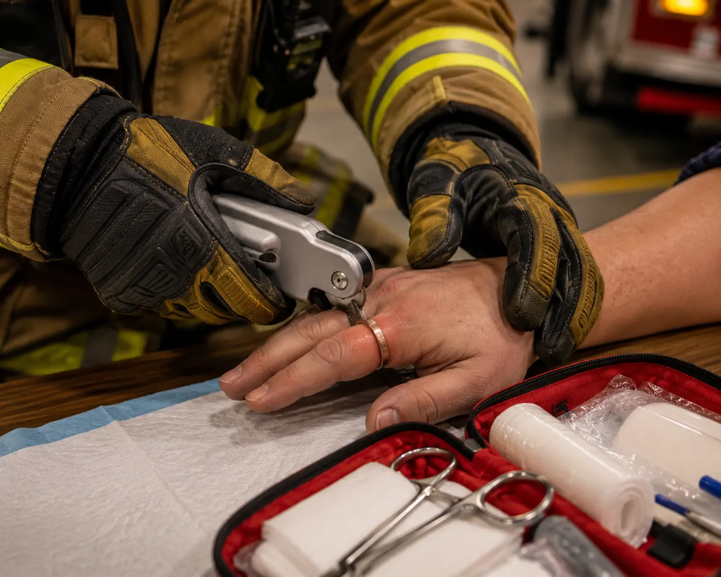 Close-up of a firefighter's gloved hands using a small handheld ring cutter tool to carefully remove a metal ring from a swollen finger, a first-aid kit and gauze visible on a table nearby, calm clinical lighting in an ambulance bay, focus on precision and care
