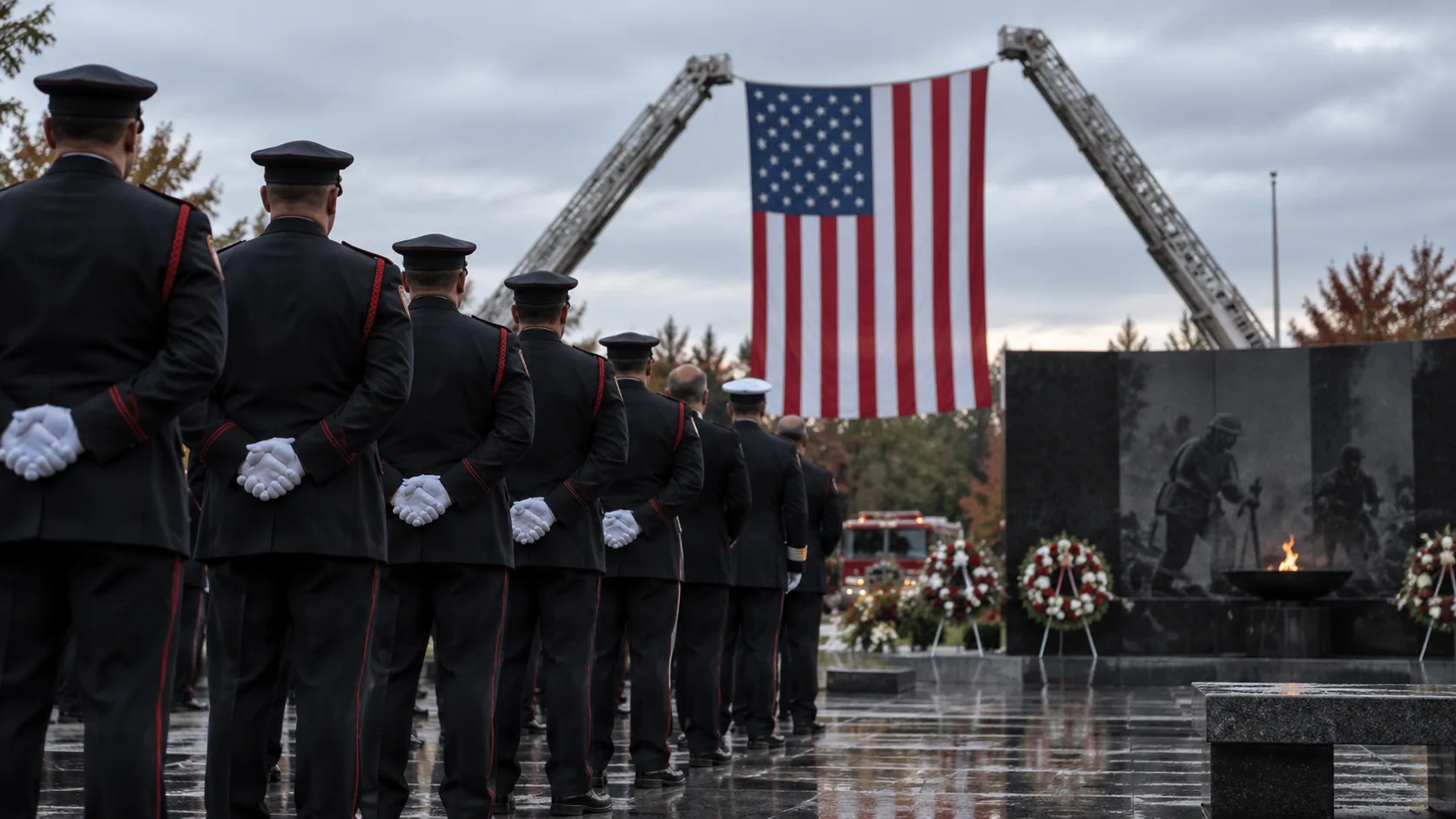 A row of firefighters in dress uniform standing at attention during a solemn memorial ceremony