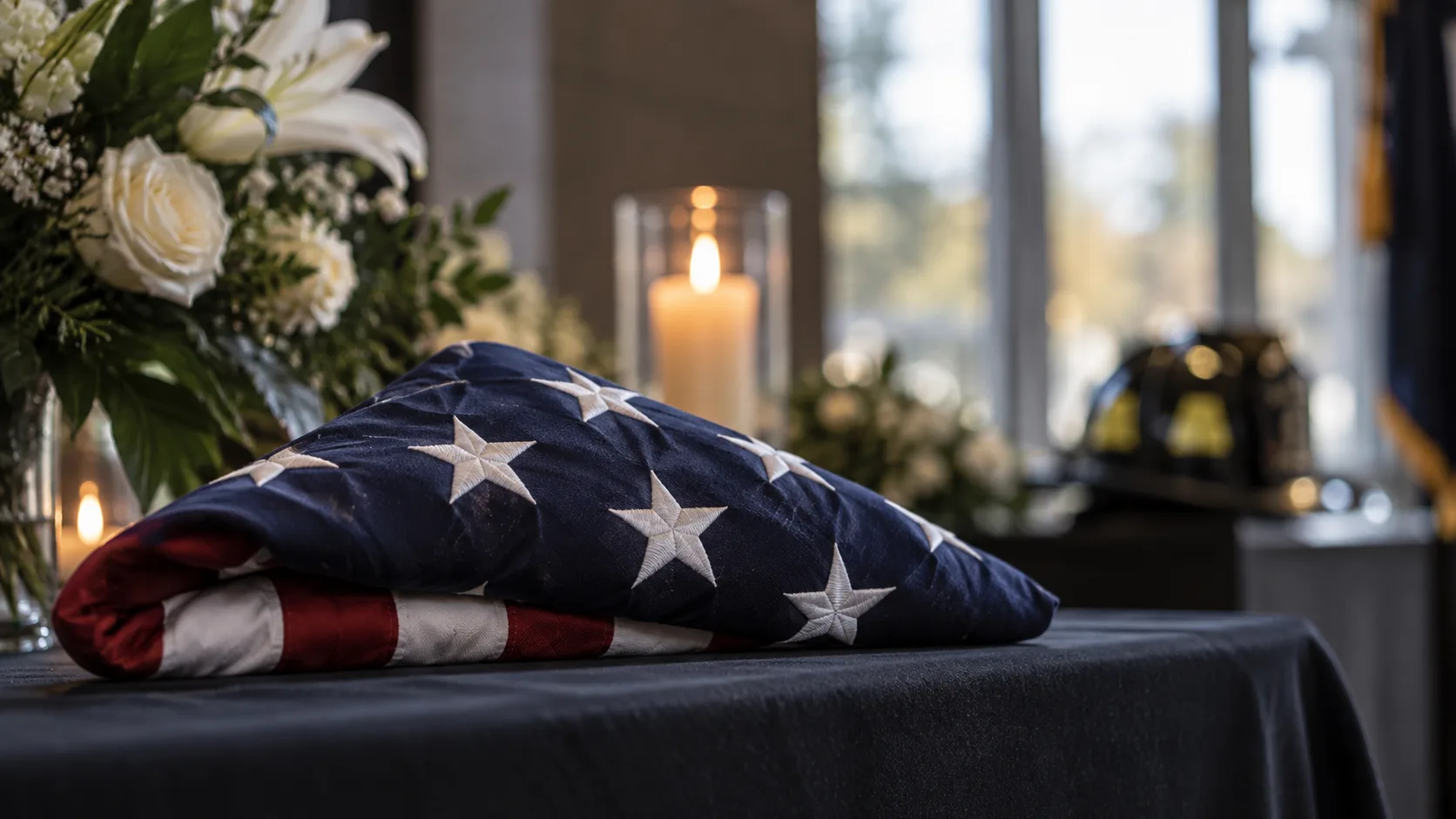 A folded American flag being presented at a firefighter memorial service