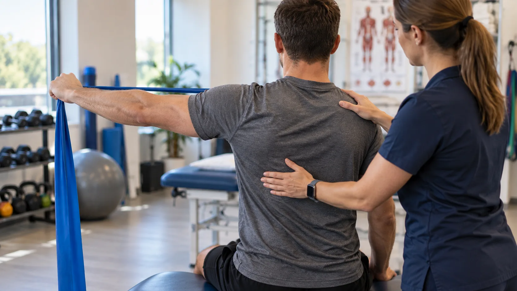 A firefighter in a physical therapy session working on shoulder rehabilitation with a therapist
