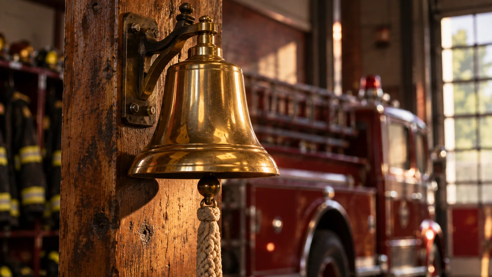 A polished brass fire station bell mounted on a wall, close-up detail