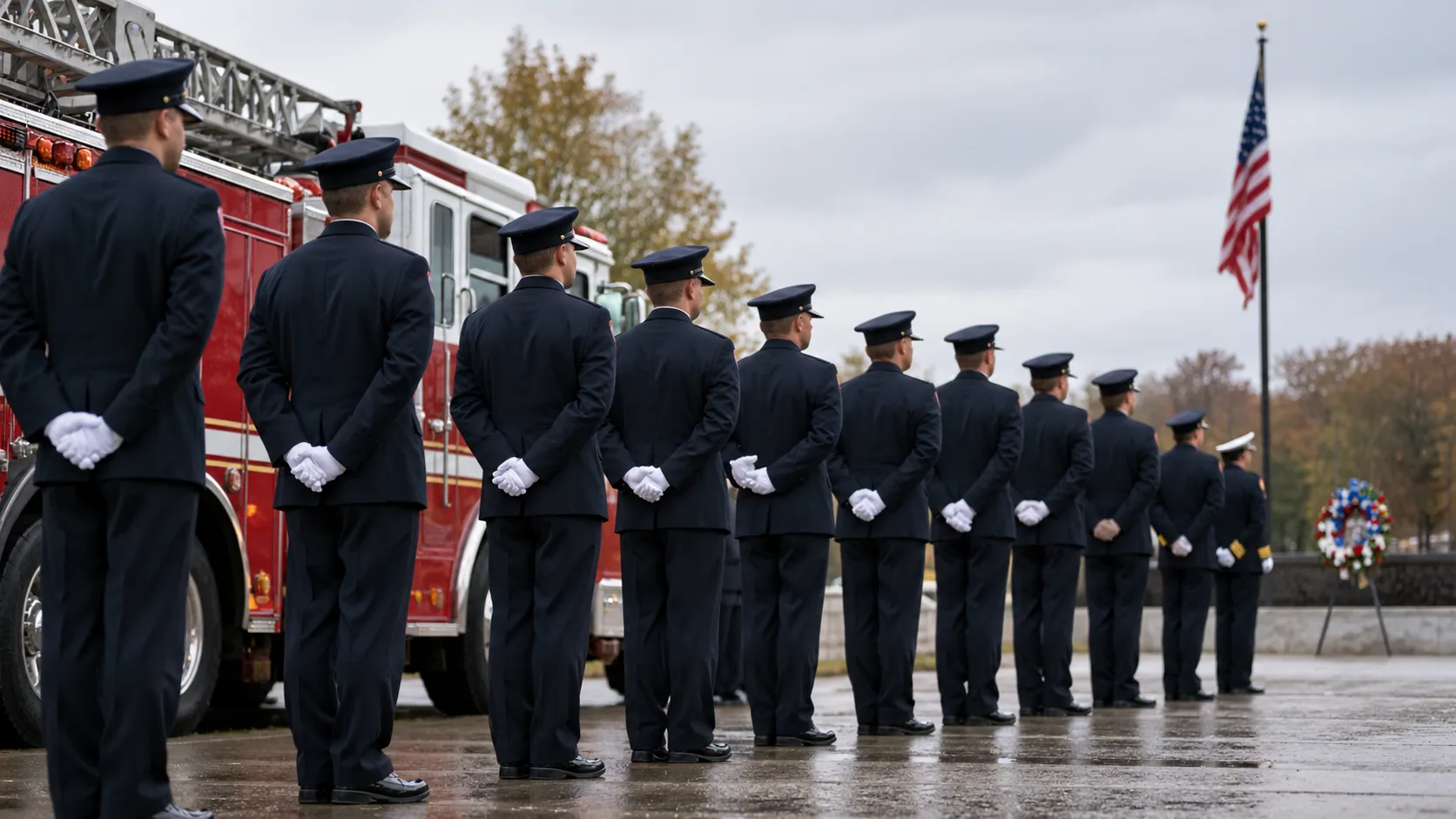 An honor guard of firefighters in formal dress uniform standing watch at a solemn ceremony