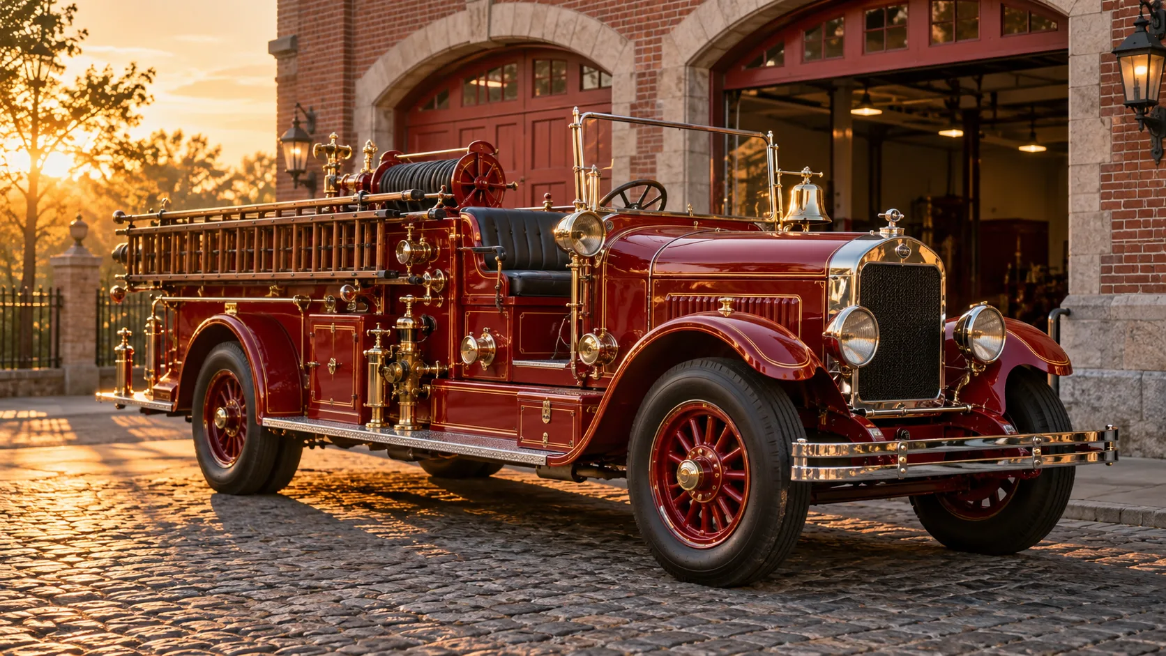 A classic red fire engine parked outside a firehouse, polished brass fittings catching the light