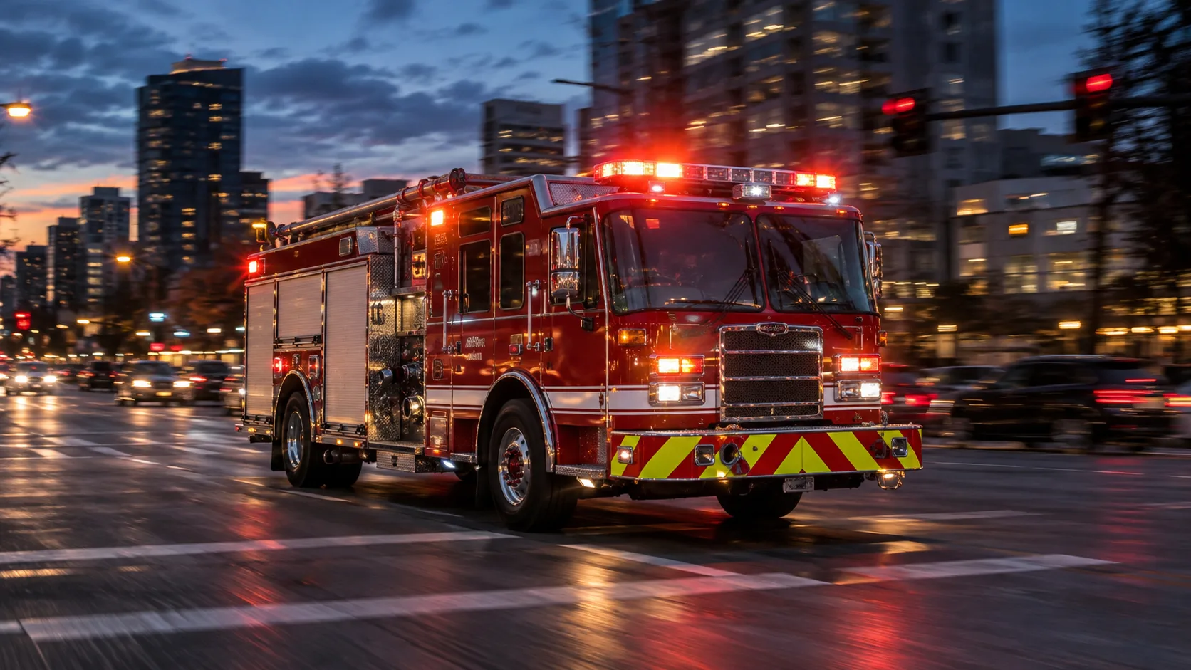 A red fire truck with bright reflective striping and warning lights driving through an intersection at dusk