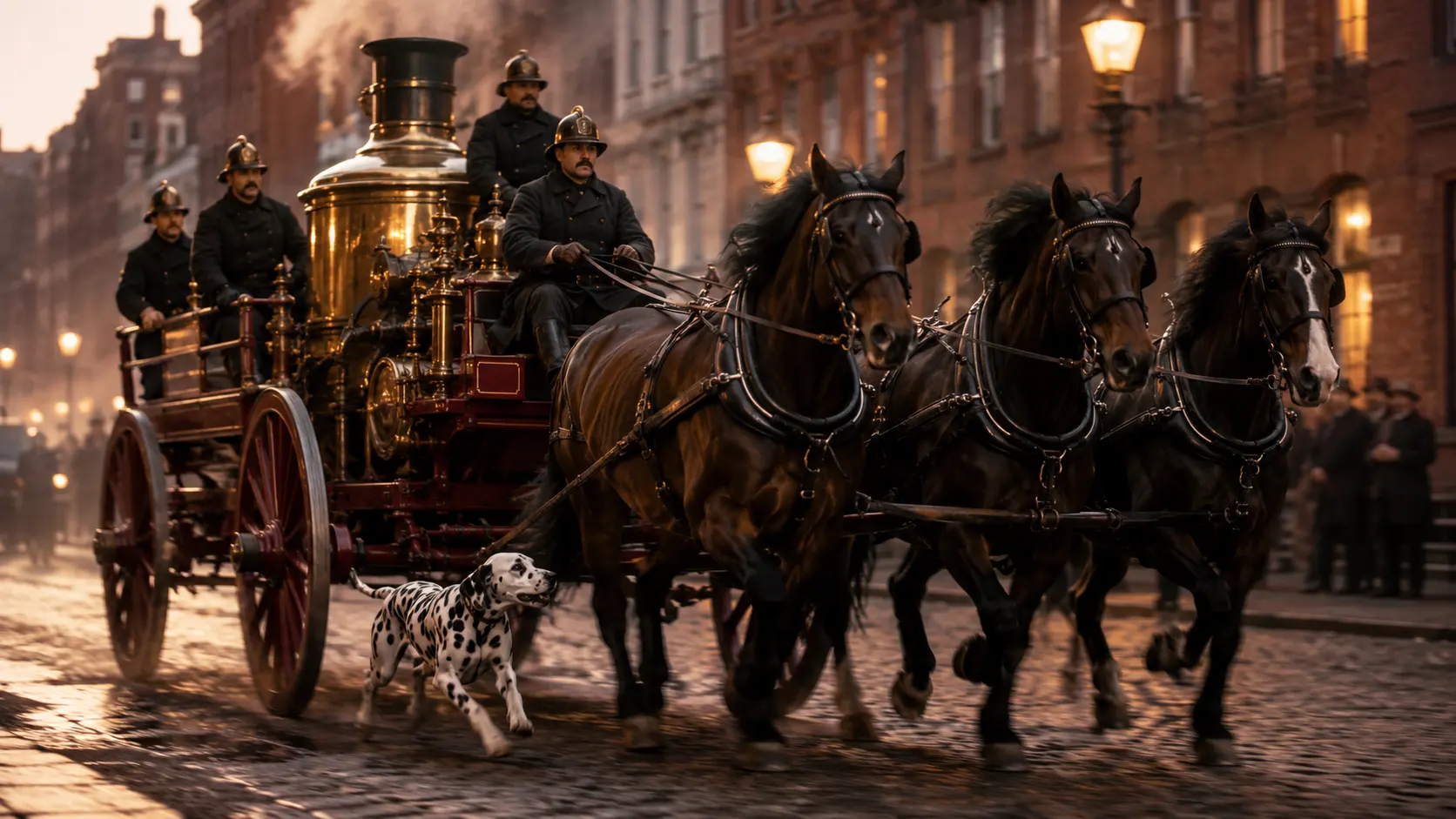 A restored 19th-century horse-drawn steam fire pumper on a cobblestone city street at dusk, three dark bay horses in harness, a Dalmatian running low and alert beside the front horse's legs, brass boiler gleaming with warm lamplight, firefighters in period wool coats on the rig, motion blur on the wheels suggesting speed &mdash; illustrating the historical partnership between Dalmatians and horse-drawn fire apparatus