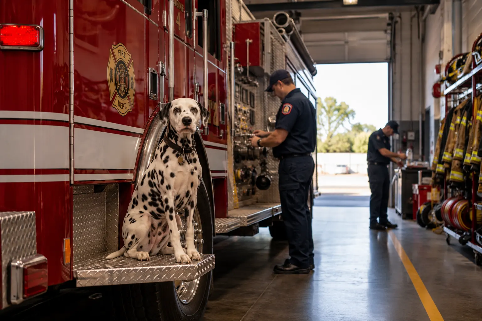 A Dalmatian sitting calmly on the running board of a modern red fire engine parked inside a firehouse bay, two firefighters in navy duty uniforms doing morning apparatus checks in the background, engine bay doors open to daylight, hose reels and turnout gear racks visible along the wall &mdash; illustrating a present-day firehouse that still keeps a Dalmatian as a station mascot