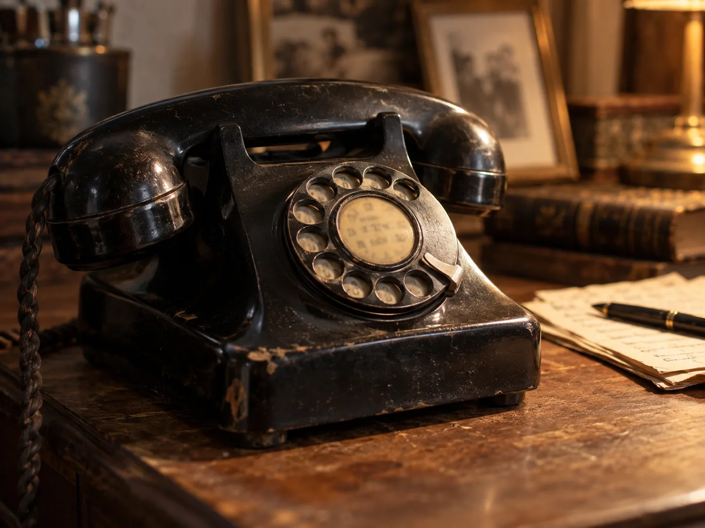 A vintage black rotary telephone from the mid-20th century sitting on a wooden table