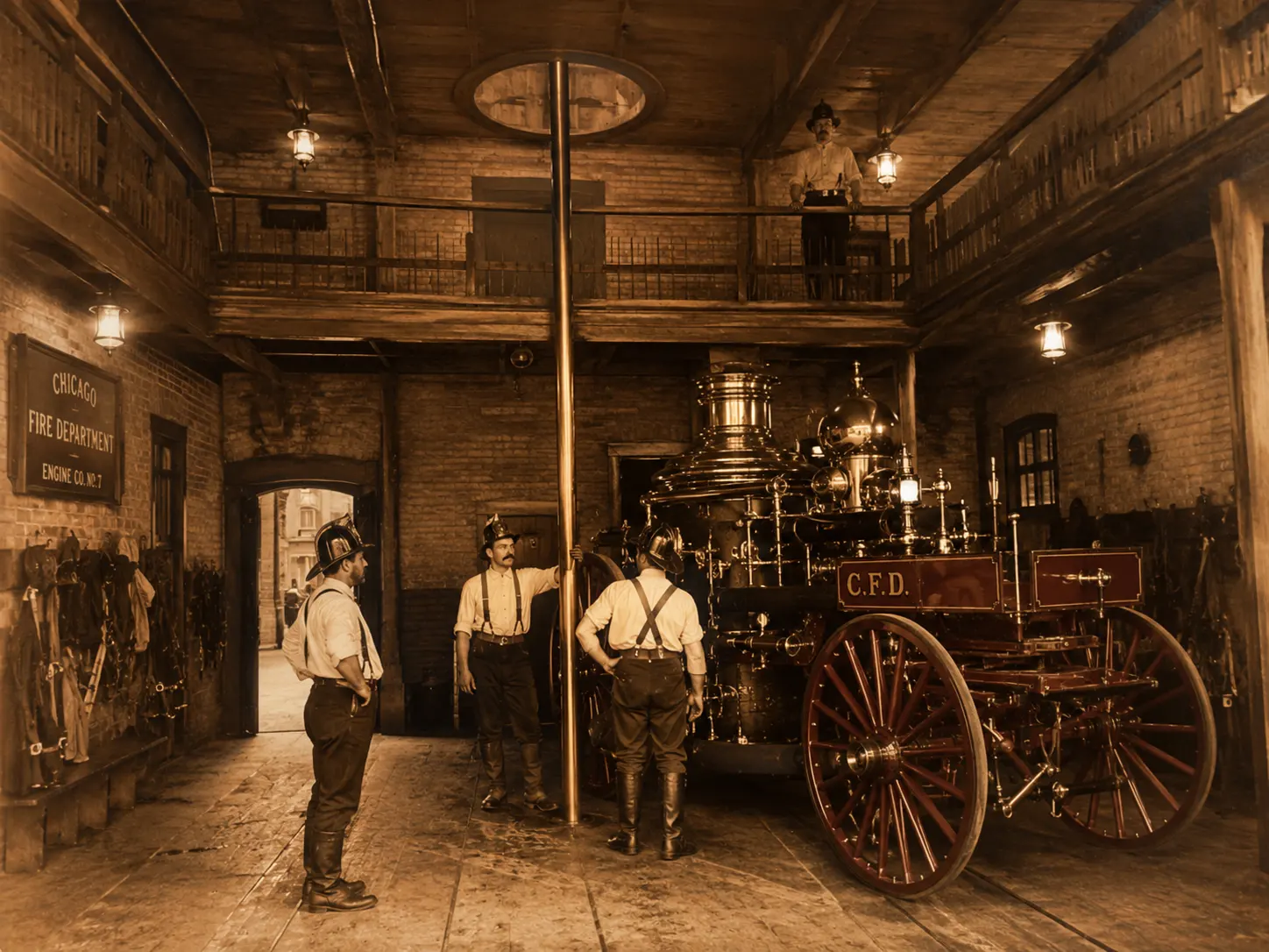 A late 1800s Chicago fire station interior in sepia tones, a wooden hayloft-style upper floor with a round hole cut into it, a polished wooden pole running down to the apparatus bay below, a horse-drawn steam pumper parked beneath, gas lamps casting warm flickering light, firefighters in period suspenders and helmets near the base of the pole &mdash; illustrating the original 1878 fire pole installation at a historic Chicago engine company