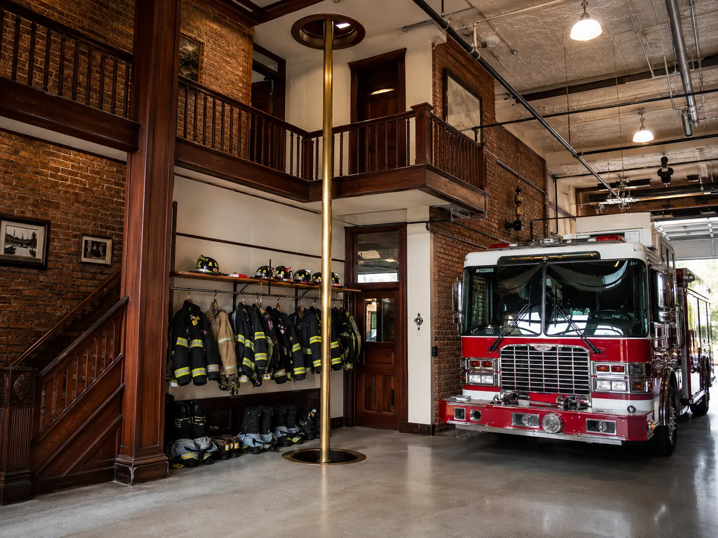 Interior of a well-preserved early 20th-century fire station still in active service, a polished brass pole descending through a round hole in the upper dormitory floor, modern turnout gear hanging on racks near the pole's base, a contemporary fire engine parked below, mixing historic architecture with current-day equipment &mdash; illustrating an older fire station built with a pole that remains in operational use today