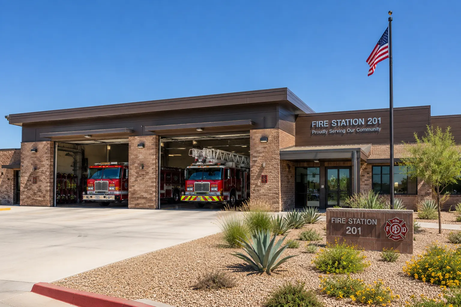 A modern single-story fire station exterior, low sprawling brick and metal building, wide apparatus bay doors open showing a red engine and ladder truck parked inside, landscaped drought-tolerant front yard with a flagpole, no visible second floor, taken in bright midday sunlight &mdash; illustrating contemporary single-story fire station design that eliminates the need for a fire pole entirely