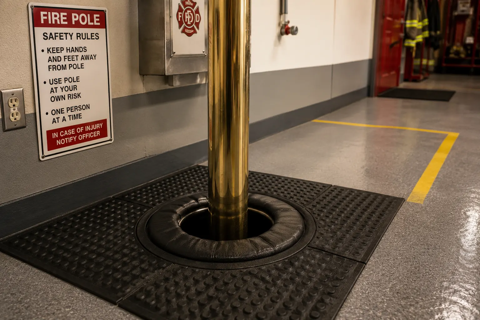 Close-up of a brass fire pole in a modern firehouse with a padded floor collar and non-slip rubber matting surrounding its base, safety warning signage mounted on the wall nearby, clean epoxy-coated concrete floor, overhead LED lighting &mdash; illustrating modern safety retrofits like padded collars added to firehouse poles to reduce landing injuries