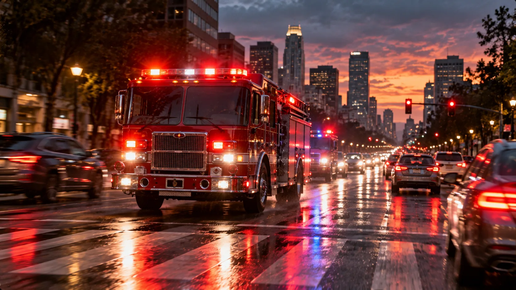 A red fire engine with lights flashing approaching a busy city intersection