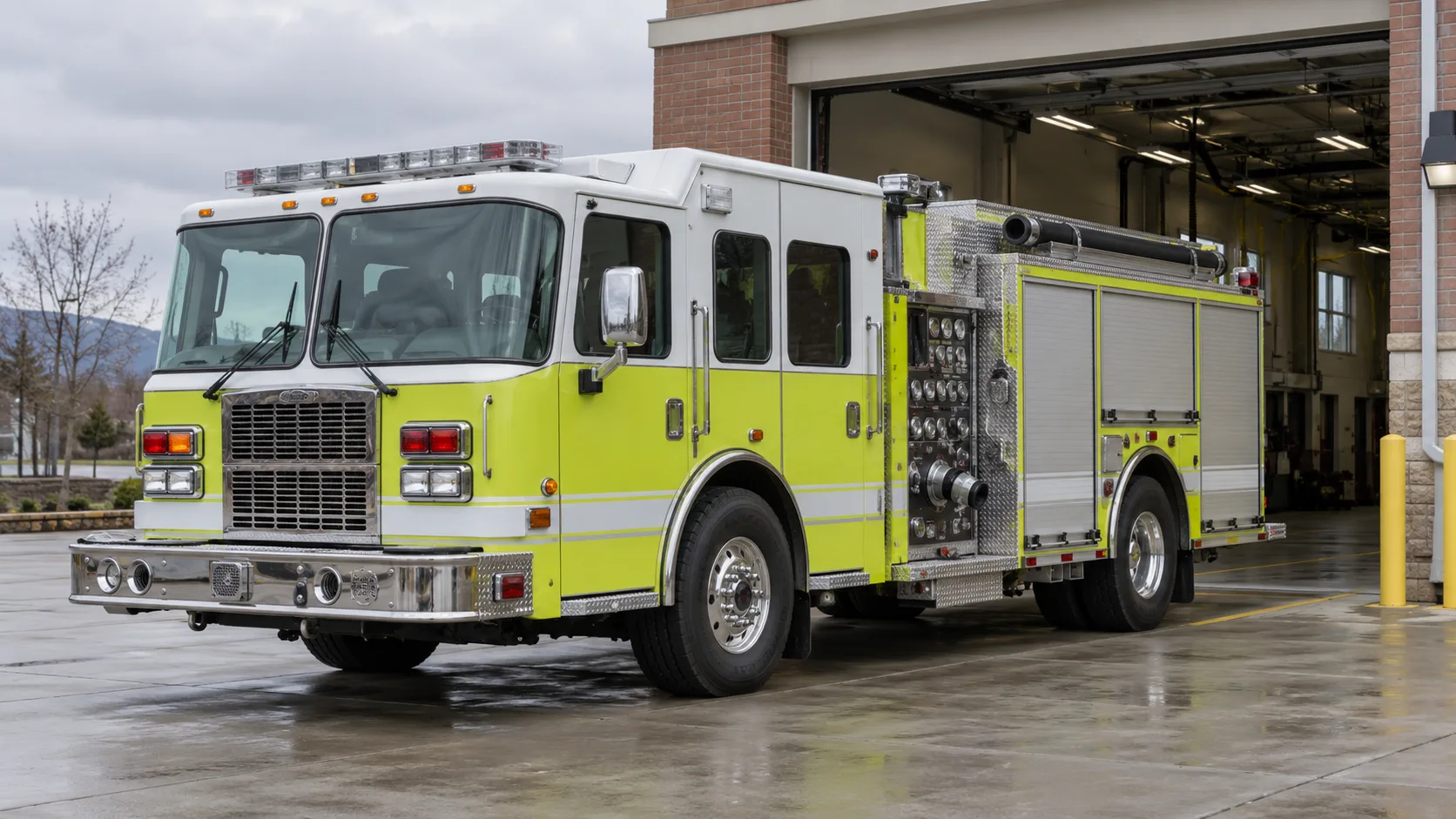 A bright lime-yellow fire truck with white cab parked at a fire station