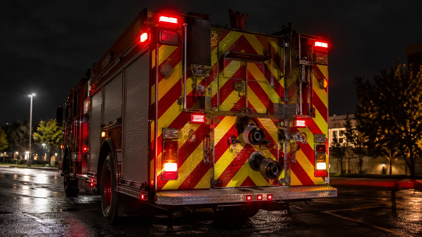A red fire truck with bright reflective chevron striping on the rear, parked at night