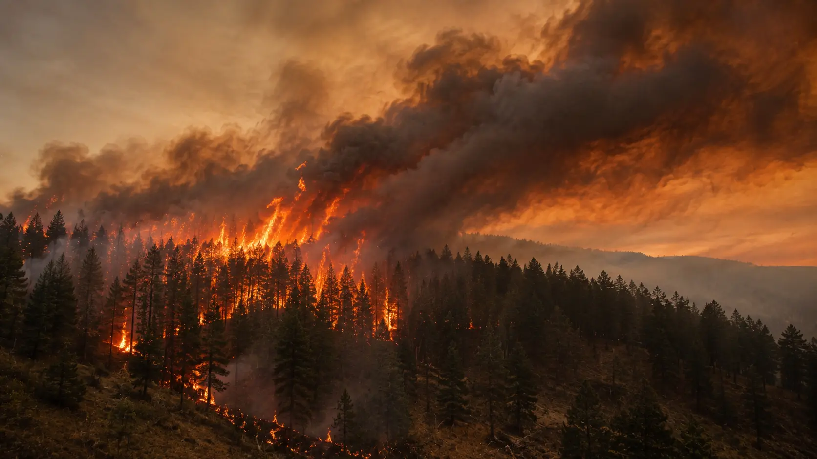 Wind-driven wildfire spreading through tree canopy at dusk with thick smoke blowing horizontally, illustrating the crown-fire behavior that let the Old Trails Fire outrun containment efforts