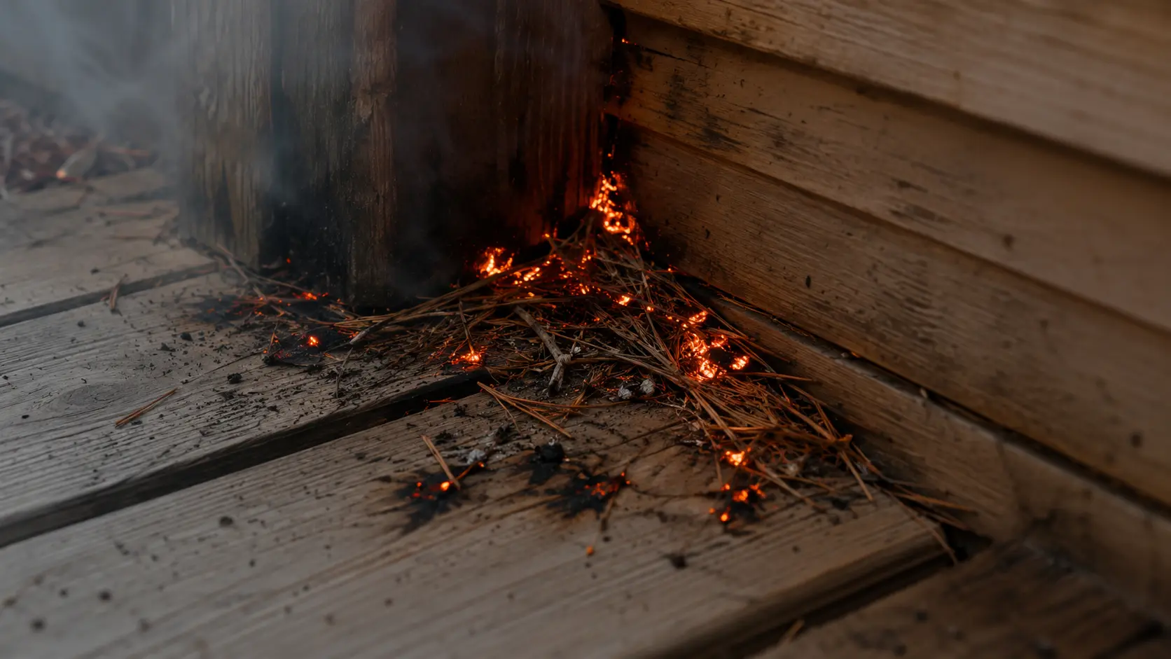 Photorealistic close-up photo of burning embers accumulated in the corner of a wooden deck against a house wall during a wildfire &mdash; multiple glowing orange embers visible nested against the deck boards and up against the wood siding of the house wall, the deck surface showing early charring at the ember contact points, pine needle debris also accumulated in the same corner &mdash; illustrating how ember accumulation in corners and against combustible siding initiates home ignition in wildfire events