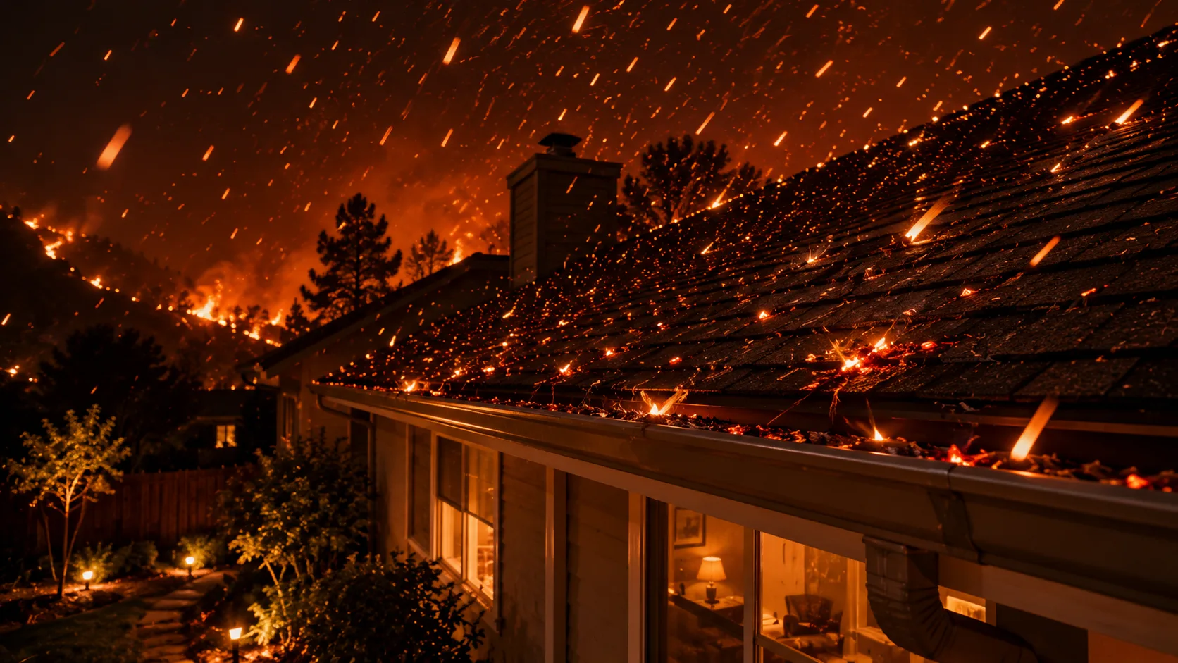 Glowing firebrands and embers falling on residential roof and gutter during wildfire showing ember ignition pathway that destroys most homes in wildland urban interface fires