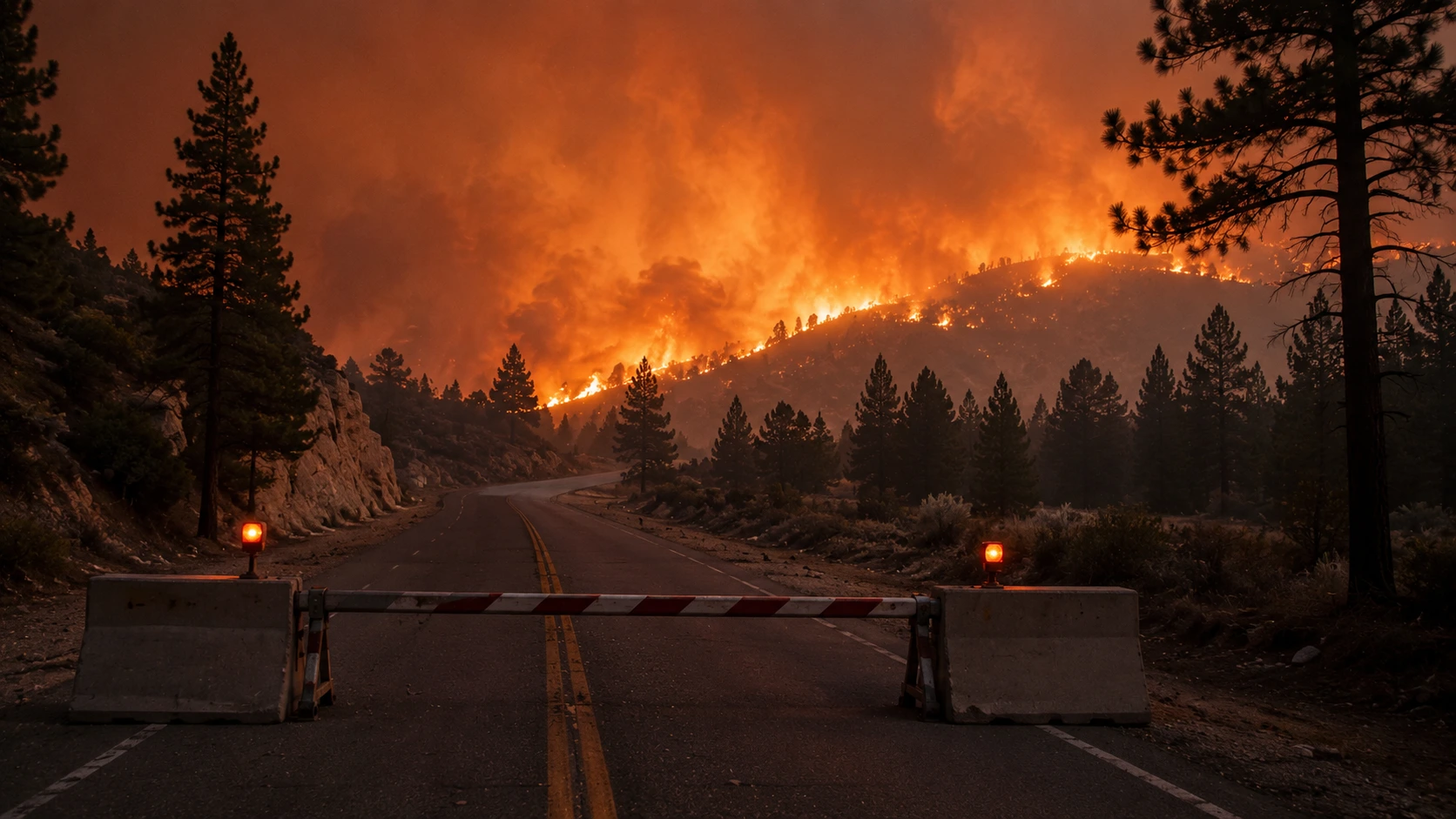Glowing embers drifting over a residential neighborhood at night with an orange wildfire glow on the horizon, illustrating ember spotting ahead of a wind-driven fire