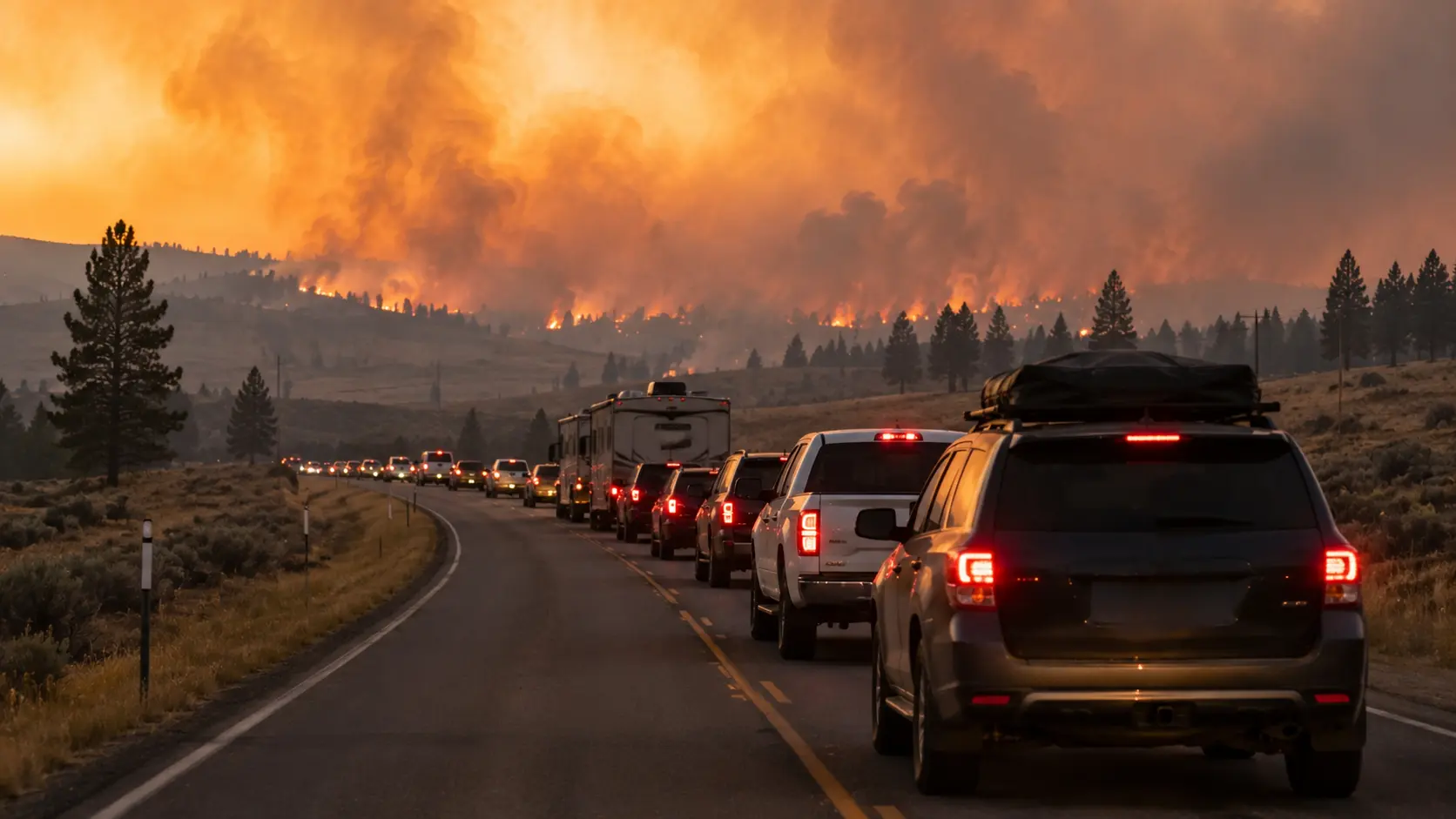 Line of vehicles evacuating along a highway at dusk with a smoky orange sky in the background, illustrating an orderly wildfire evacuation
