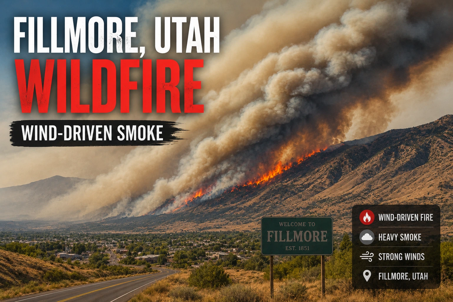 Massive wind-driven wildfire smoke plume rising over a rural Utah mountain community near farmland, similar to the Widemouth 2 Fire's push toward Fillmore
