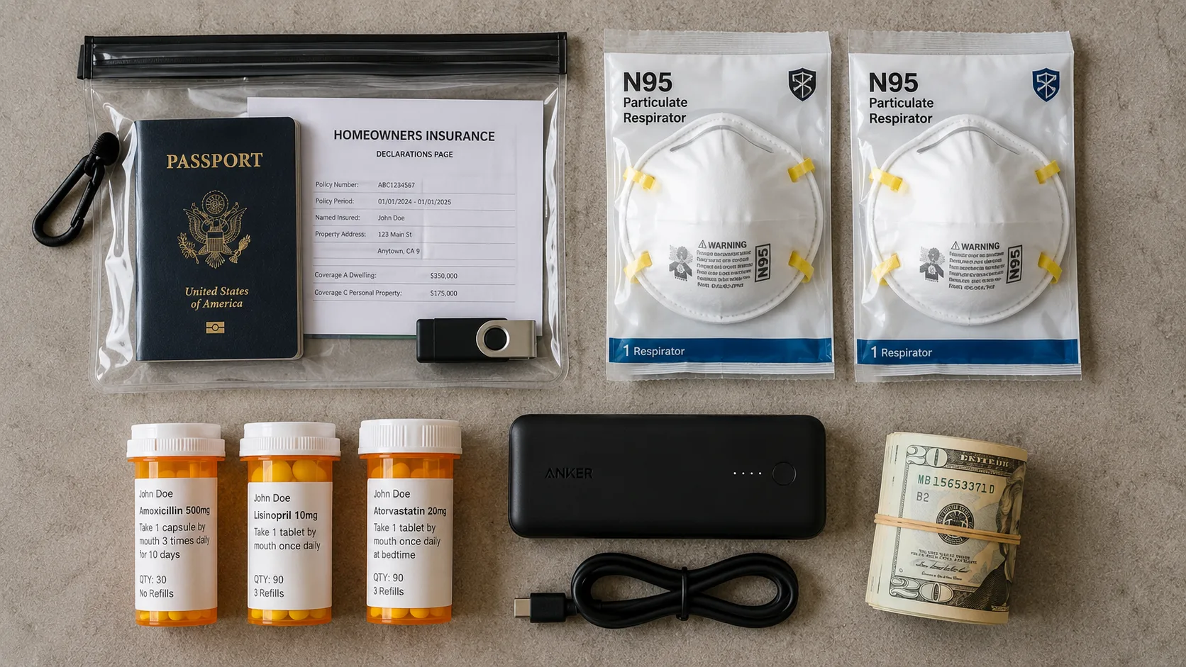 Organized wildfire evacuation go-bag contents laid out showing a waterproof document pouch containing passports, insurance policy, and a USB drive, alongside prescription medications in original bottles, N95 respirator masks, a portable power bank, and emergency cash &mdash; a properly prepared wildfire evacuation kit ready to grab and go