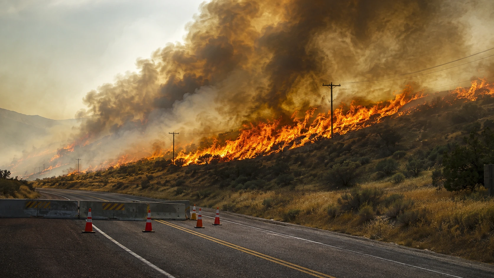 Wind-driven grass fire burning on a hillside beside a highway with thick smoke blowing sideways, similar to the conditions that pushed the Dugway Fire along Interstate 84 at the mouth of Weber Canyon