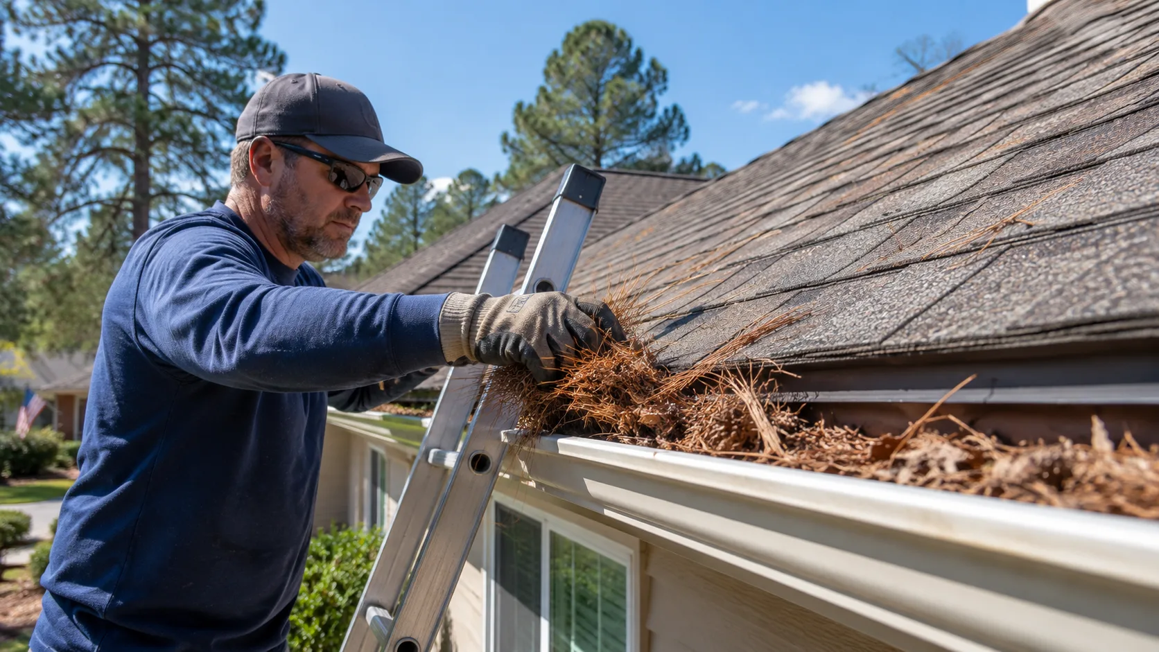 Homeowner cleaning dry leaf debris and pine needles from roof gutter before wildfire season &mdash; accumulated debris is a primary ember ignition pathway for wildfire home losses