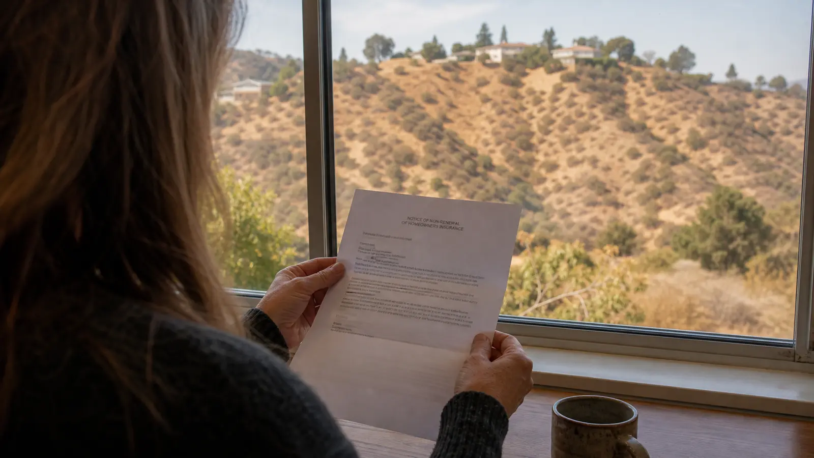 Person holding an insurance non-renewal notice letter, standing in front of a home in a dry California hillside neighborhood with brown grass and chaparral visible, natural afternoon light, photorealistic