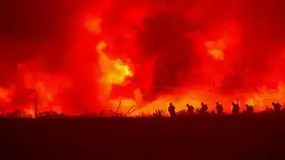 Firefighters battle intense flames amid dense forest smoke during the Lower Sugarloaf wildfire in Washington state.