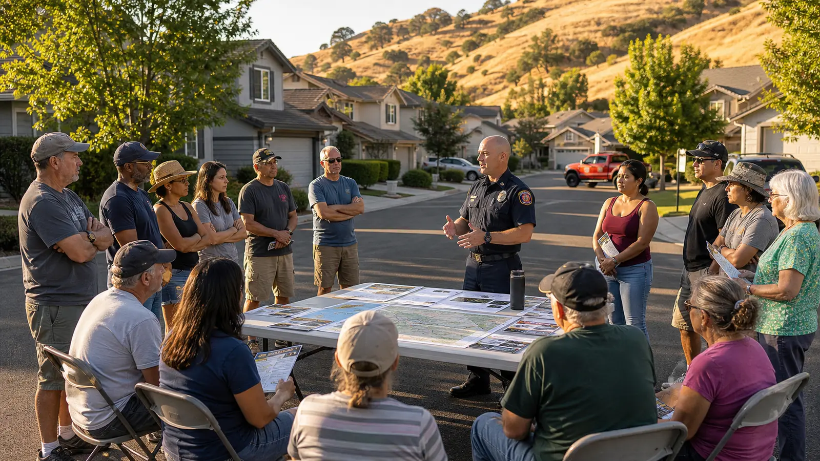 Suburban neighborhood residents gathered in a driveway or community space for a wildfire preparedness meeting, maps and printed materials visible, fire department representative present, engaged community members, photorealistic