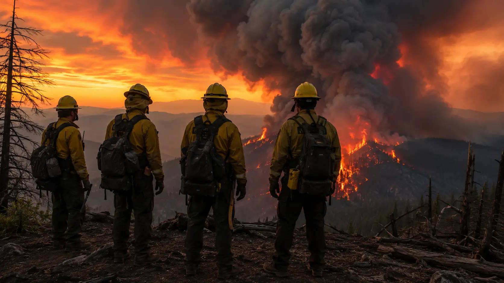 Wildland firefighting crew in protective gear and hard hats watching a massive smoke column rising from a burning forested hillside at sunset, flames visible at the base