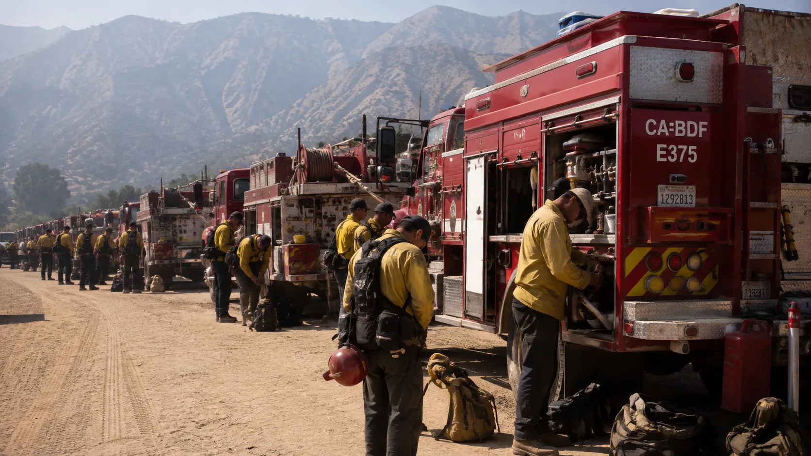 A line of wildland fire engines and crew members preparing to deploy on a mutual aid assignment, representing out-of-county fire resources being sent to support larger incidents