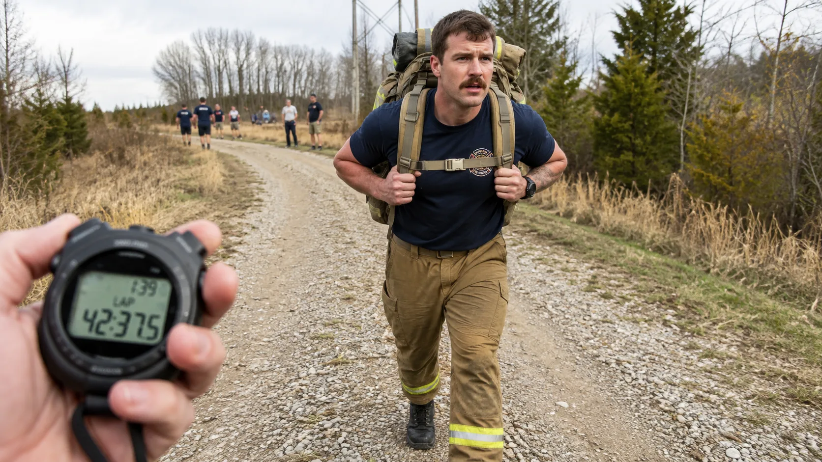 A firefighter in a t-shirt and boots walking briskly on a gravel trail carrying a weighted pack strapped to their back, a stopwatch visible in the foreground, representing the arduous work capacity pack test