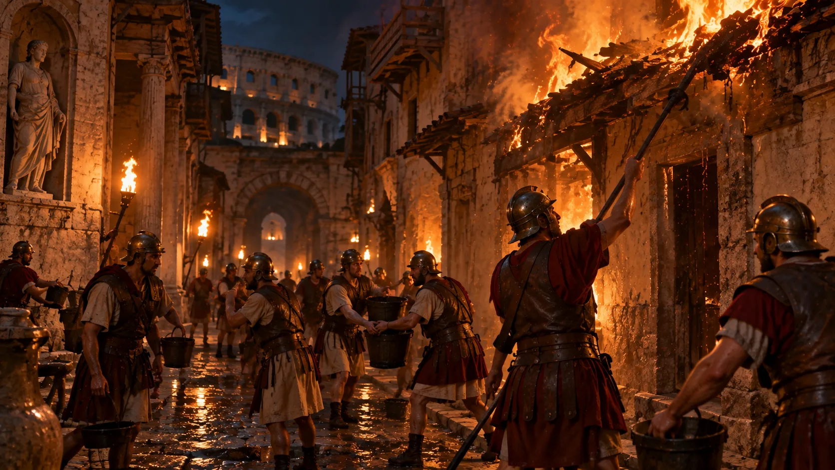 Ancient Roman soldiers using a hand pump and bucket brigade to fight a fire in a stone city street