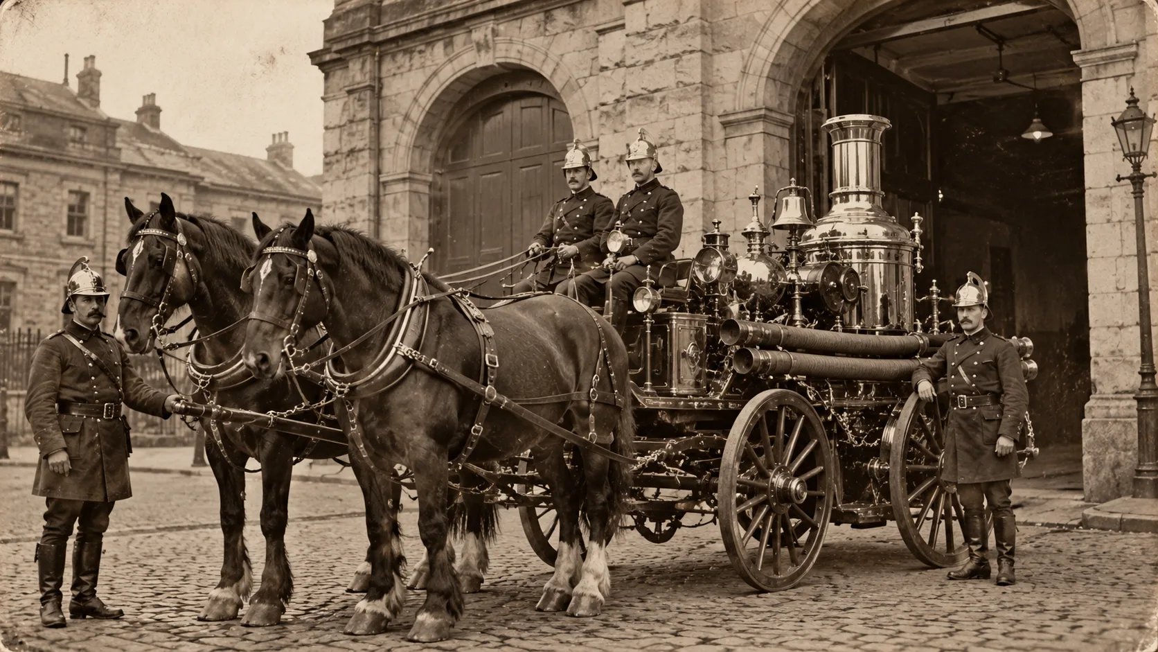 A 19th-century horse-drawn fire engine and crew standing outside an old European fire station