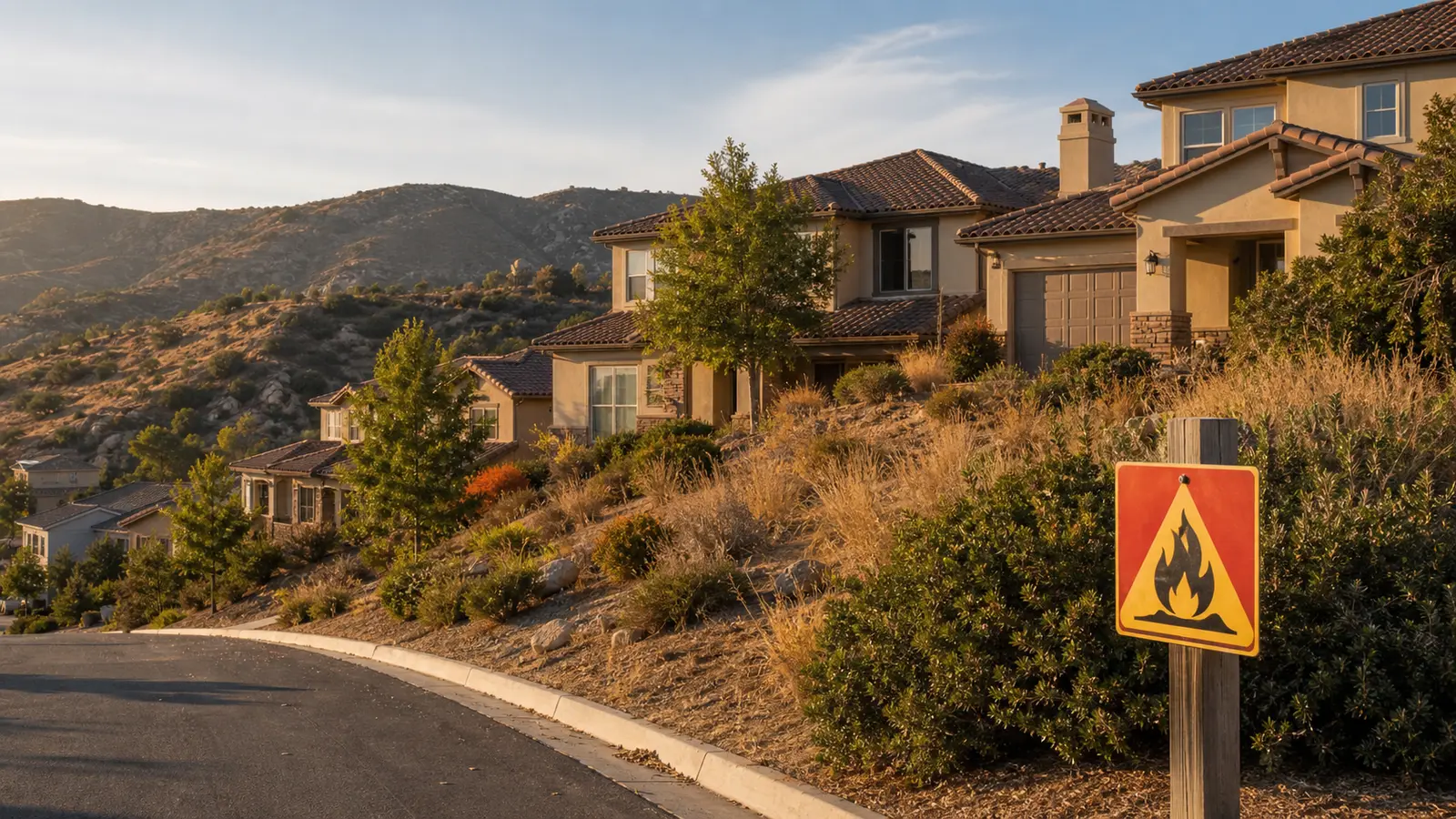 Aerial view of a new residential subdivision under construction on a dry California hillside, wood-frame homes at various stages of completion, surrounding chaparral and dry grass visible, roads cut through natural vegetation, photorealistic, no text