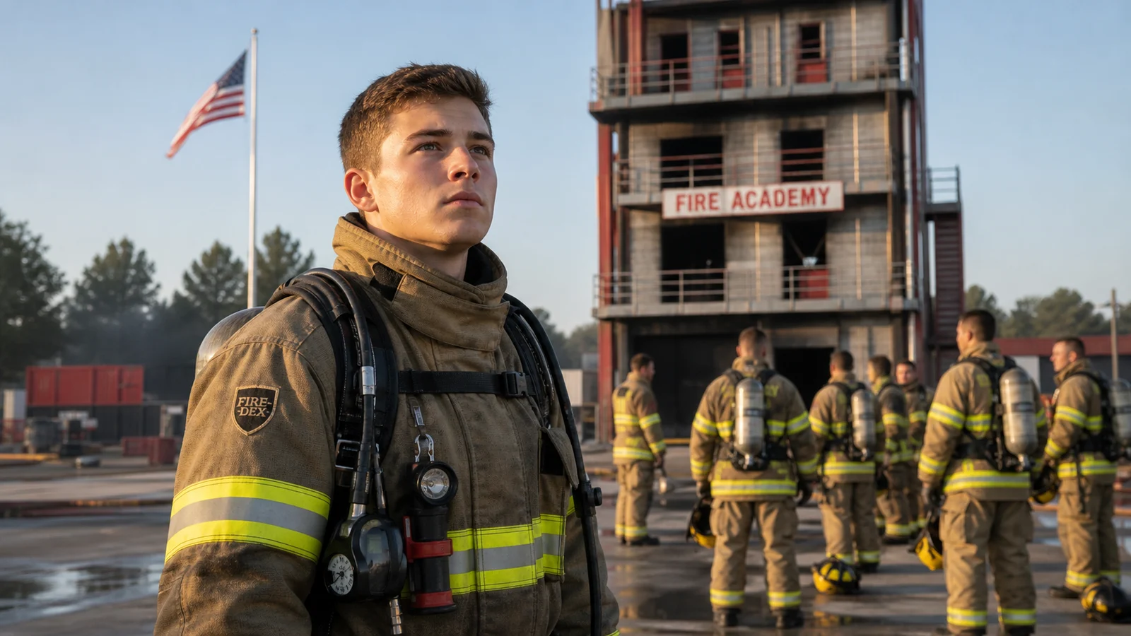 Photorealistic photo of a young firefighter recruit on their first day at fire academy &mdash; early 20s candidate in brand new structural turnout gear standing in front of a fire training tower with other recruits, looking determined and focused, fire academy training ground in background with training props and burn building visible, realistic editorial photography style, morning light, American flag on a pole in the background